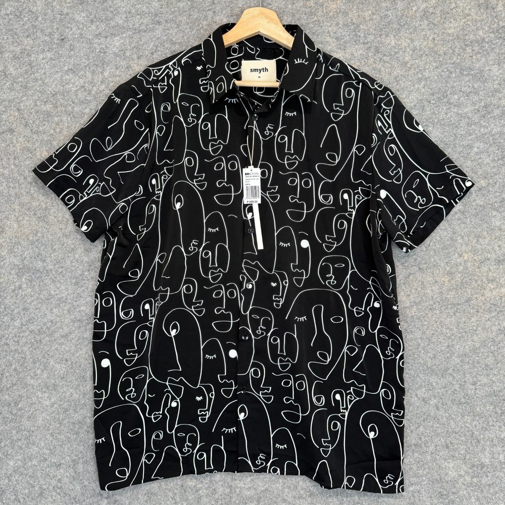 SMYTH Button Shirt Mens XL Abstract Art Black Faces Hawaiian‎ Tee Graphic New